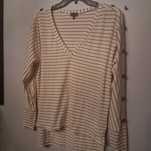 Buckle White and Mustard Striped V-Neck Long Sleeve Top